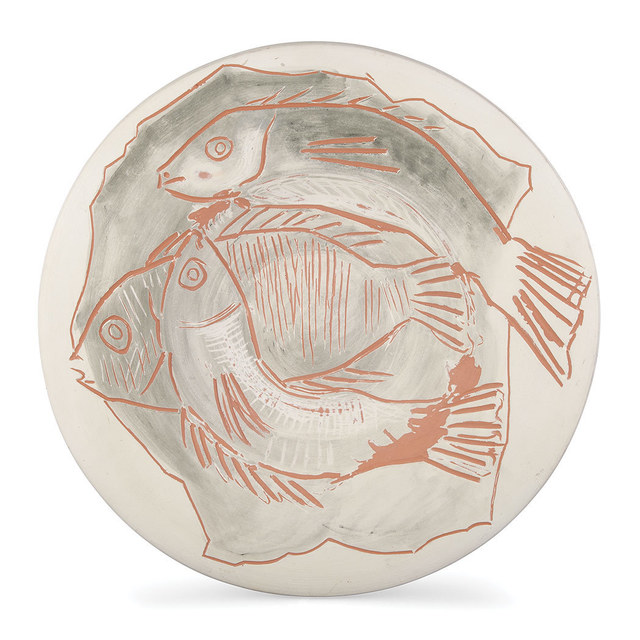 Pablo Picasso, ‘Trois Poissons Sur Fond Gris (A.R. 396)’, 1957, Other, Painted white ceramic plate, Doyle