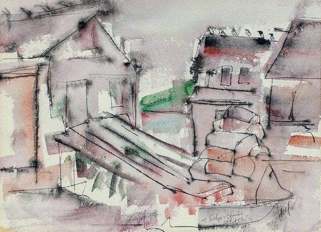 Riva Helfond, ‘WPA Woman Artist Modernist Abstract Watercolor of Houses’, Mid-20th Century, Lions Gallery