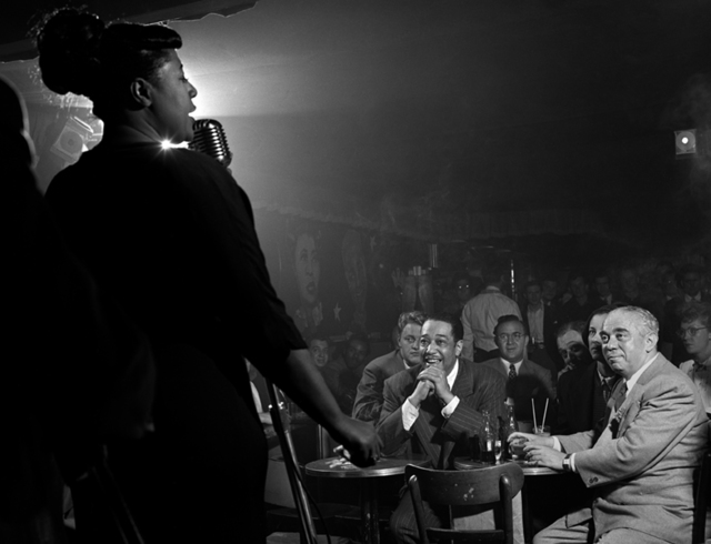 Herman Leonard, ‘Ella Fitzgerald, Duke Ellington, Benny Goodman, Downbeat Club, 52nd St., NYC’, 1948, Photography, Silver print, Robert Mann Gallery