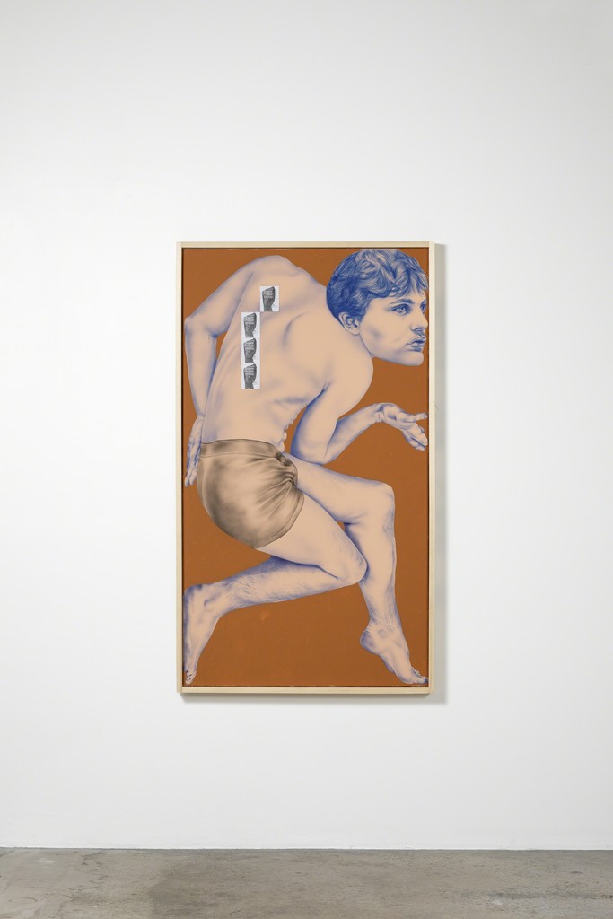 Zoe Barcza
Self-Portrait as Michael Pitt (Striking Surface), 2018
Acrylic, vinyl paint and collage on canvas, artist's frame
165 x 95 cm Zoe Barcza
Self-Portrait as Michael Pitt (Striking Surface), 2018
Acrylic, vinyl paint and collage on canvas, artist's frame
165 x 95 cm