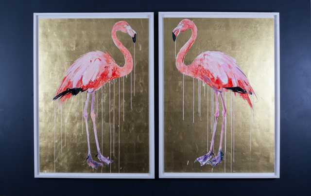 Dave White, ‘Flamingo I & II’, 2019, Print, Silkscreens, varnishes and gold leaf background. framed to conservation standard. Priced individually or as a pair, The Drang Gallery