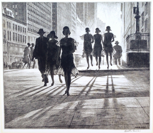 Martin Lewis, ‘"Shadow Dance"’, 1930, Print, McCarron 88; Drypoint and sand ground on wove white Whatman paper, wide margins. One of seven impressions on this paper, Catherine E. Burns Fine Prints