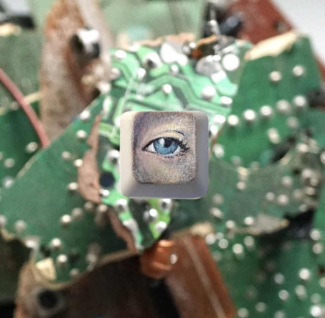 Yuri Zupancic, ‘See Key ’, 2016, Painting, Oil Painting on computer key with e-waste sculpture on metal base., Gonzo Gallery