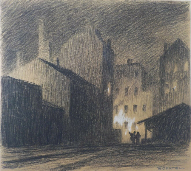 Willy Oertel, ‘Nachts in der Stadt / Night in the City’, ca. 1912, Drawing, Collage or other Work on Paper, Charcoal with white heightening on brown paper, Sylvan Cole Gallery
