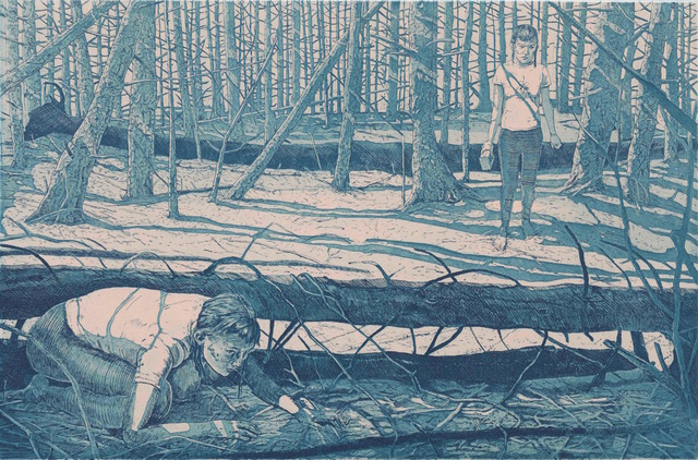 Tyler Bright Hilton, ‘Later, she was lost. Of course she was lost. Why wouldn't she be lost? The woods were horrible. Group of seven my ass.’, 2018, Drawing, Collage or other Work on Paper, Etching with aquatint, VIVIANEART