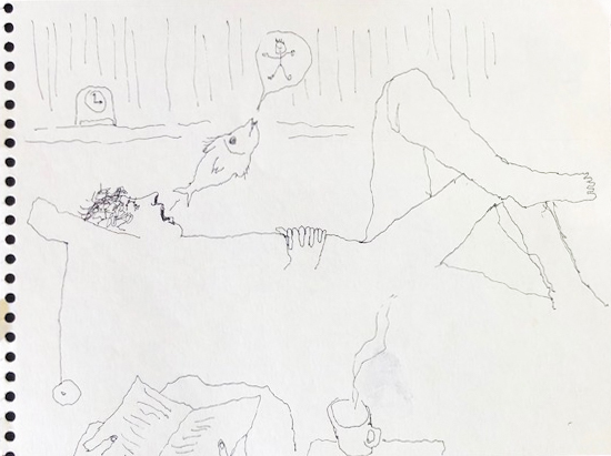 Mindy Alper, ‘Untitled (breathing out fish)’, n.d., Drawing, Collage or other Work on Paper, Ink on paper, Rosamund Felsen Gallery