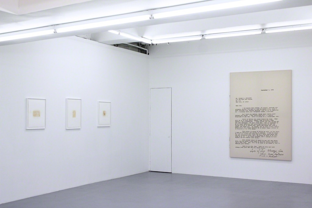Installation view at Harlan Levey Projects - "September 3rd, 1991", 2015, graphite, resin, funerary ash, on muslin, 214 x 152 cm, "Susie and yellow", 2015, Nicotine on paper, 51 x 41 cm, "Magic Kingdom", 2008, Nicotine on paper, 51 x 41 cm, "Punk", 2008, Nicotine on paper, 51 x 41 cm Installation view at Harlan Levey Projects - "September 3rd, 1991", 2015, graphite, resin, funerary ash, on muslin, 214 x 152 cm, "Susie and yellow", 2015, Nicotine on paper, 51 x 41 cm, "Magic Kingdom", 2008, Nicotine on paper, 51 x 41 cm, "Punk", 2008, Nicotine on paper, 51 x 41 cm