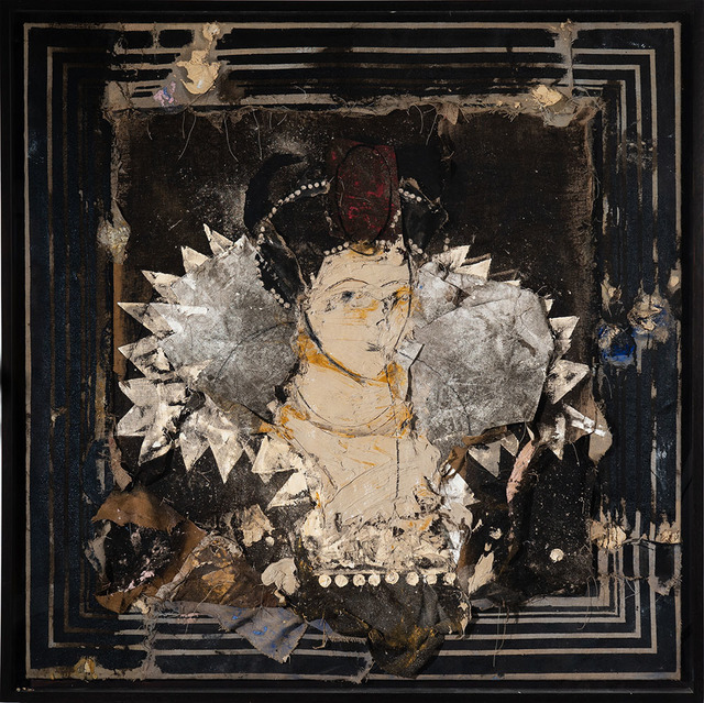 Manolo Valdés, ‘Reina con tocado rojo sobre fondo negro’, 2016, Mixed Media, Oil and collage on canvas, Rosenbaum Contemporary