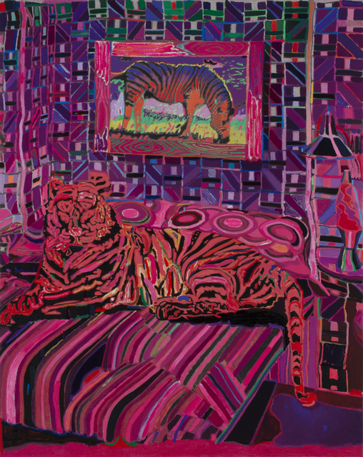 Leon Benn, ‘Tiger in the Bedroom’, 2019, Painting, Oil, oil pastel, acrylic, and fabric dyes on Moroccan linen, David B. Smith Gallery