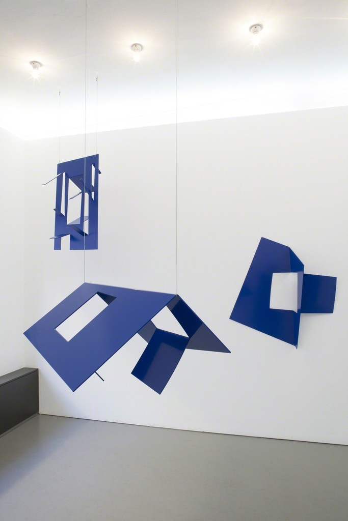Exhibition view of 'Blauer Salon' by Ursula Sax: the spatial relation among the hanging sculptures interpreted by Lukas Heibges (photo); left: 'Untitled (Tafel 0)', center: 'Haus' and right: 'Ausgang' Exhibition view of 'Blauer Salon' by Ursula Sax: the spatial relation among the hanging sculptures interpreted by Lukas Heibges (photo); left: 'Untitled (Tafel 0)', center: 'Haus' and right: 'Ausgang'