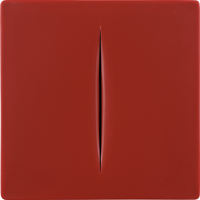 Lucio Fontana, ‘Concetto Spaziale (rosso) (R. & R. M-15)’, 1968, Mixed Media, Vacuum-formed plastic, with accompanying publication and cardboard slipcase with printed artist's name, with accompanying Galeria René Métras certificate of authenticity., Phillips