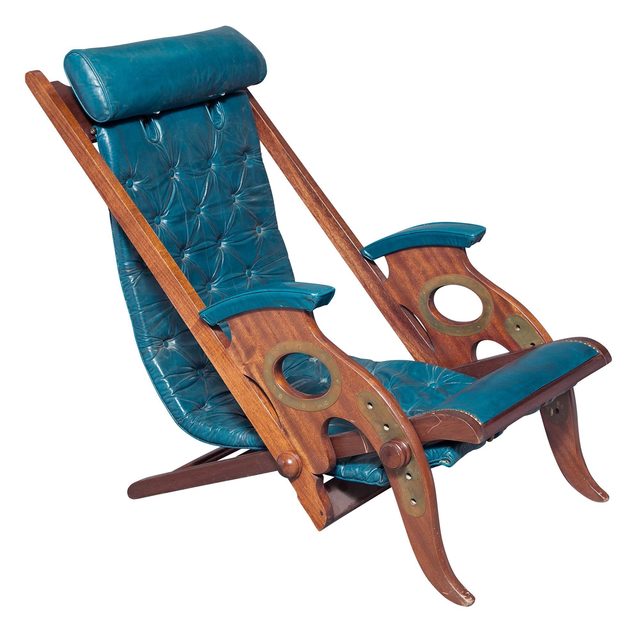 ‘Jean-Pierre Hagnauer Leather Upholstered Mahogany Adjustable Campaign-Style Deck Chair’, 1950s, Design/Decorative Art, Doyle