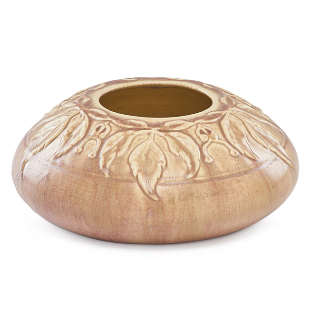 Van Briggle, ‘Low Bowl with Stylized Leaves and Berries, Pale Pink Glaze, Colorado Springs, CO’, 1905, Rago/Wright