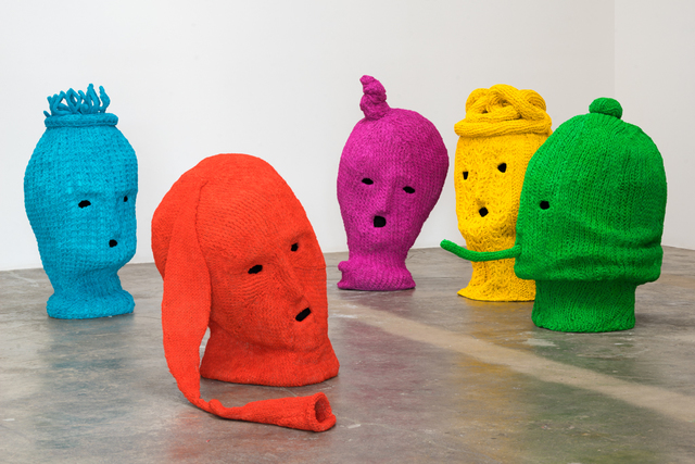 Maureen Selwood, ‘The Garden: Cat (Red), Squirrel (Green), Seraph (Yellow), Sparrow (Blue), Sophie (Magenta)’, 2012-2015, Sculpture, Each sculpture: hydrocal and gesso on burlap over felt-lined chicken wire, acrylic on hand knitted yarn, with wood base, dimensions vary, available individually, Rosamund Felsen Gallery