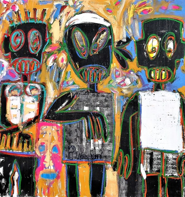 Aboudia, ‘Les trois amis’, 2018, Painting, Acrylic and oil pastels on canvas, Out of Africa Gallery