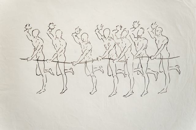 Antonio Hin-yeung Mak, ‘Untitled (Seven men with string)’, ca. 1975-1990, Drawing, Collage or other Work on Paper, Ink on paper, Blindspot Gallery