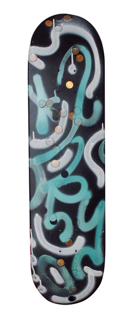 LA II (Angel Oritz), ‘Untitled (Loose Change)’, 2011, Painting, Spray enamel and mixed media, coins on wooden skate deck, Woodward Gallery
