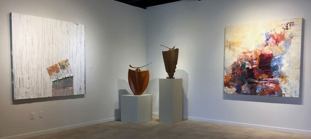 Left to right: Number 12, mixed media by Grace Short; two vessels by Mark Dickson; Criss Cross, painting by Chris Hayman Left to right: Number 12, mixed media by Grace Short; two vessels by Mark Dickson; Criss Cross, painting by Chris Hayman