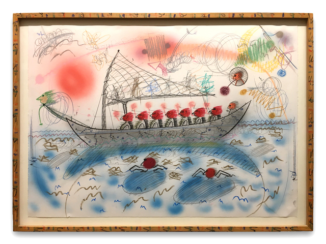 Roy De Forest, ‘Untitled (eight red men in a boat)’, 1984, Drawing, Collage or other Work on Paper, Mixed media on paper with artist designed frame, Brian Gross Fine Art