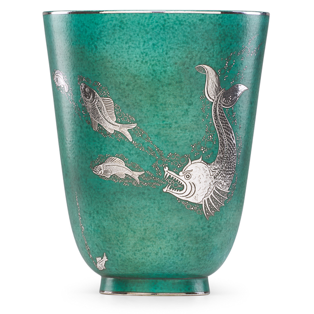 Wilhelm Kåge, ‘Fine large Argenta vase with fish, Sweden’, Design/Decorative Art, Glazed stoneware, silver inlay, Rago/Wright