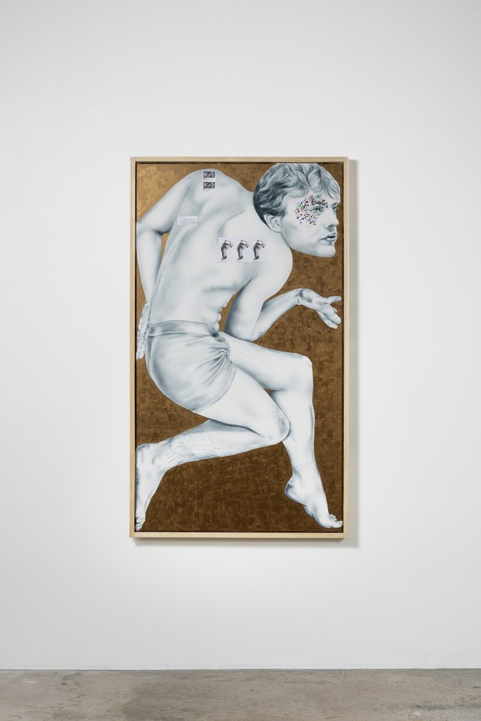 Zoe Barcza
Self-Portrait as Michael Pitt (Boner Or No Boner?), 2018
Acrylic, vinyl paint, collage and glitter on canvas, artist's frame
165 x 95 cm Zoe Barcza
Self-Portrait as Michael Pitt (Boner Or No Boner?), 2018
Acrylic, vinyl paint, collage and glitter on canvas, artist's frame
165 x 95 cm