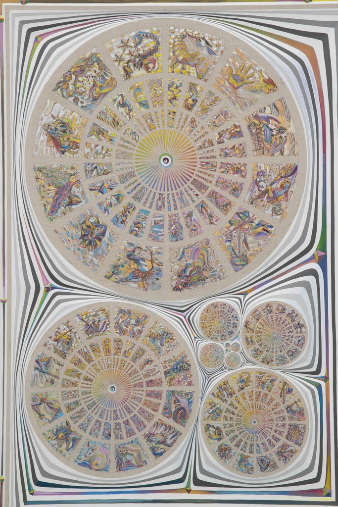 "Zodiac Calendar (detail)", 2017
Water-based paint, archival ink, linen, carved wood. 163.8 × 114.3 × 2.5 cm / 641/2 × 45 × 1 in
Photo: Claire Dorn / Courtesy the Artist & Perrotin "Zodiac Calendar (detail)", 2017
Water-based paint, archival ink, linen, carved wood. 163.8 × 114.3 × 2.5 cm / 641/2 × 45 × 1 in
Photo: Claire Dorn / Courtesy the Artist & Perrotin