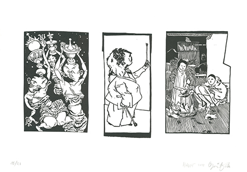 Johannes Grützke, ‘Bilder aus Bongs Stall’, 2012, Print, Three linoleum cuts printed on one sheet, Sylvan Cole Gallery