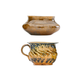 Large chamber pot novelty and squat vase, multicolor glazes