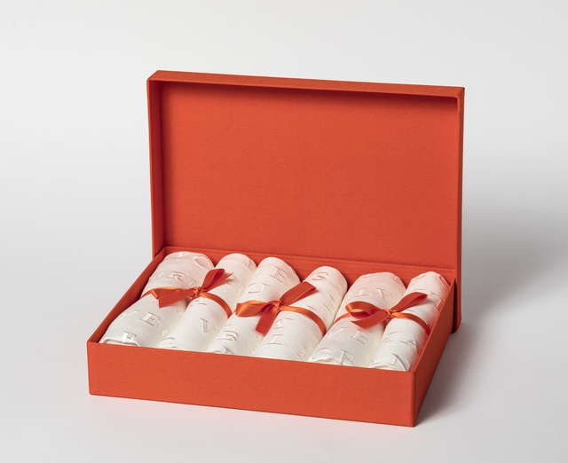 Jenny Holzer, ‘SOFT AND LOVELY’, 2018, Mixed Media, Six Irish linen double damask napkins in three different embroidered designs, in bespoke box., Tate