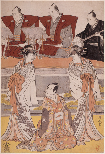 Torii Kiyonaga, ‘Kabuki play "Sono Omokage Matsu ni Sakura" with Sawamura Sôjurô III in the role of Soga no Juro, Ichikawa Monnosuke II embodies the ghost of Seigen, Segawa Kikunojô III in the role of Tora, accompanied by narrators and a shamisen player ’, 1783, Musée national des arts asiatiques - Guimet