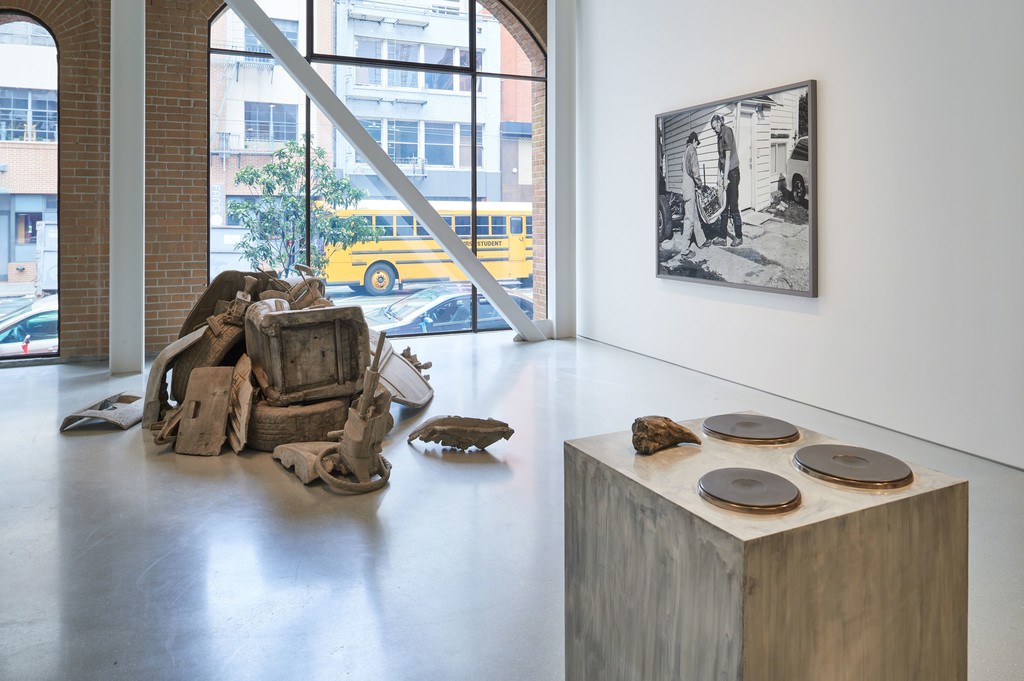 Installation view. Artwork, left to right: © Josh Kline; © 2019 Rosemarie Trockel/Artists Rights Society (ARS), New York; © Jeff Wall. Photo: Glen Cheriton. Courtesy Gagosian. Installation view. Artwork, left to right: © Josh Kline; © 2019 Rosemarie Trockel/Artists Rights Society (ARS), New York; © Jeff Wall. Photo: Glen Cheriton. Courtesy Gagosian.