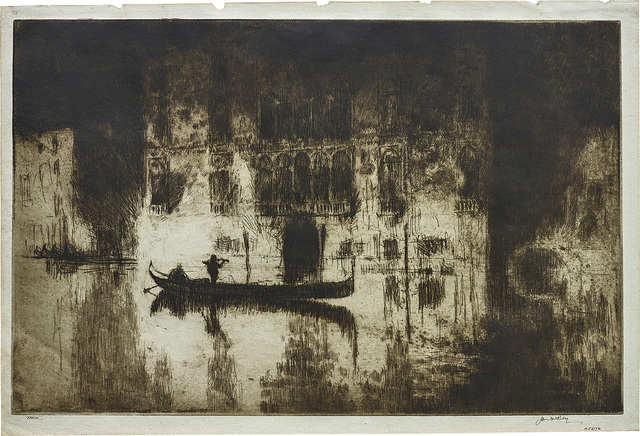 James McBey, ‘Venetian Night’, 1925/30, Print, Etching, a richly inked impression with considerable tone, on pale blue antique laid paper, watermarked with a bunch of grapes and initials ?&P, with narrow margins., Phillips