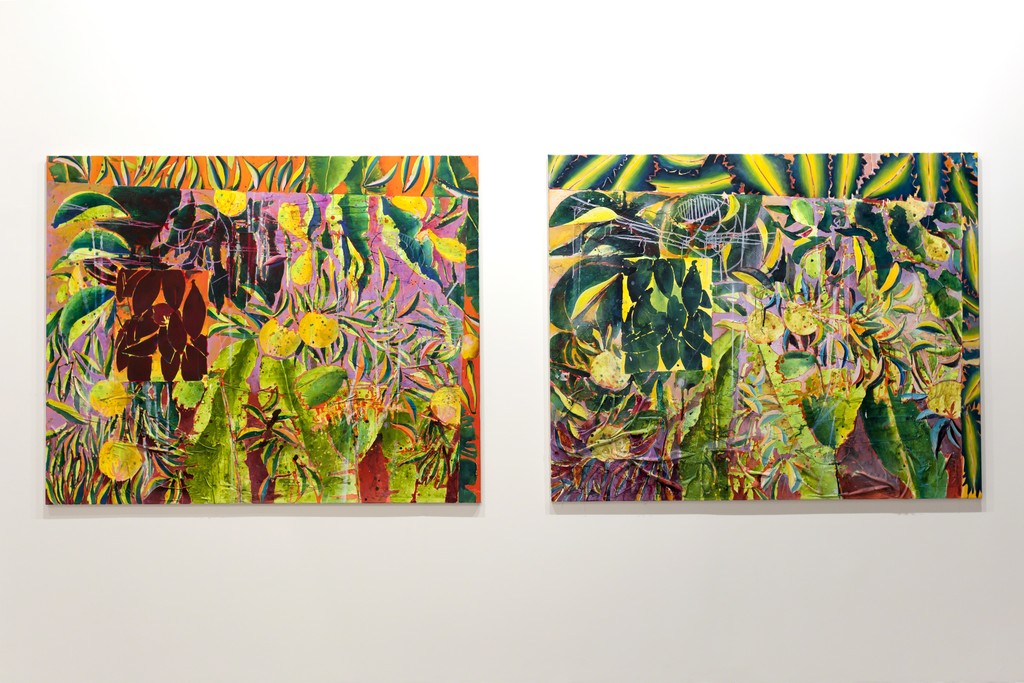 "Sunspilt (Indigo Banana leaf Version)", 2016, Acrylic, spray paint, marble dust, fabric applique, string on canvas, 145x180cm and "Sunspilt (Origin Version)", 2016, Acrylic, spray paint, marble dust, fabric applique, string on canvas, 145x180cm "Sunspilt (Indigo Banana leaf Version)", 2016, Acrylic, spray paint, marble dust, fabric applique, string on canvas, 145x180cm and "Sunspilt (Origin Version)", 2016, Acrylic, spray paint, marble dust, fabric applique, string on canvas, 145x180cm