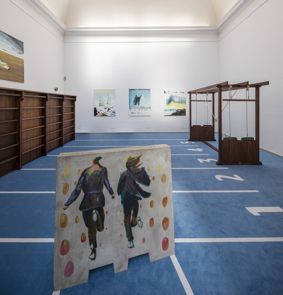 John Kørner, "Running", 2017; "Gym Bar", 2015; "Gym work out", 2017. Acrylic on crash barrier; Wood, brass, ceramic; Oiled walnut. Installation view from 'Altid mange problemer', Kunsthal Charlottenborg, 2017. Photo by Anders Sune Berg. John Kørner, "Running", 2017; "Gym Bar", 2015; "Gym work out", 2017. Acrylic on crash barrier; Wood, brass, ceramic; Oiled walnut. Installation view from 'Altid mange problemer', Kunsthal Charlottenborg, 2017. Photo by Anders Sune Berg.