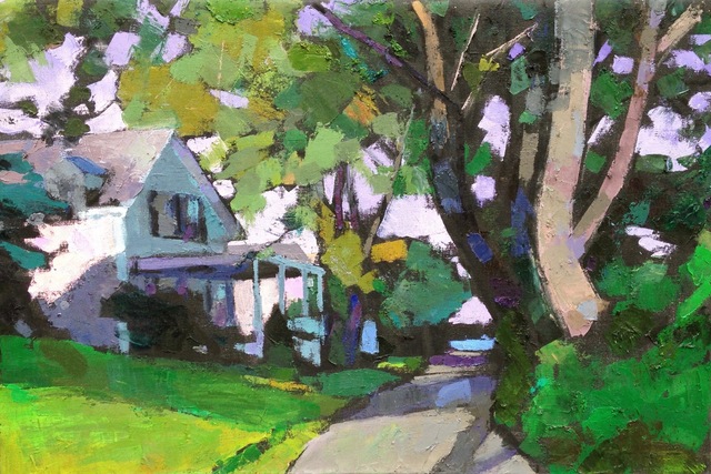Larry Horowitz, ‘"Street Scene, Edgartown" Oil painting of Martha's Vineyard house with bright green grass and leaves’, 2017, Eisenhauer Gallery