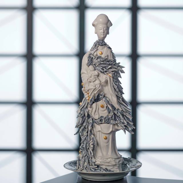 Bouke de Vries, ‘Guan Yin with Porcelain Shards’, 2020, Sculpture, Late 17th century Kangxi Chinese blanc de chine porcelain figure, early 17th century Chinese Ming dynasty porcelain fragments and wooden base, Adrian Sassoon