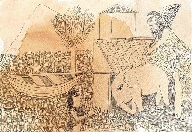 Badri Narayan, ‘Welcoming the Young Elephant, Drawing on Paper by Padmashree Artist "In Stock"’, 2011, Painting, Drawing on Paper, Gallery Kolkata