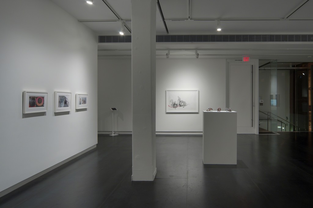 Three photographic prints by TJ Norris, drawing by Samantha Wall, and 3D-printed triptych by Lorna Barnshaw. Photo by Worksighted. Three photographic prints by TJ Norris, drawing by Samantha Wall, and 3D-printed triptych by Lorna Barnshaw. Photo by Worksighted.
