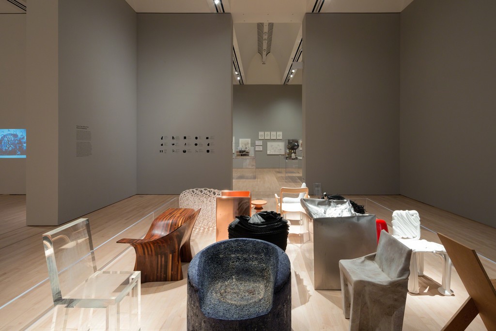 The Campaign for Art: Modern and Contemporary exhibition featuring a selection of chairs each of a single material; photo: © Iwan Baan, courtesy SFMOMA. The Campaign for Art: Modern and Contemporary exhibition featuring a selection of chairs each of a single material; photo: © Iwan Baan, courtesy SFMOMA.
