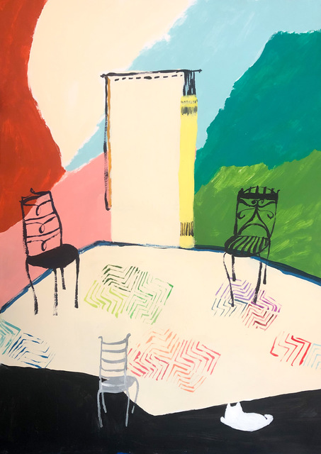 Polly Shindler, ‘Three Chairs with White Cat ’, 2020, Painting, Acrylic on paper, Freight + Volume