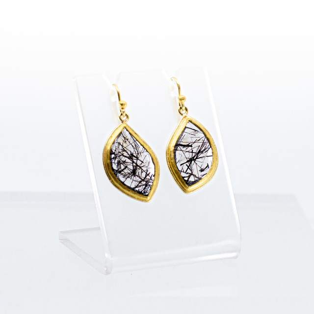 Petra Class, ‘Faceted Tourmlinated Quartz Slice in curved marquis shape on french wire’, 2020, Jewelry, Tourmlinated Quartz, 18/22k Gold, Telluride Gallery of Fine Art