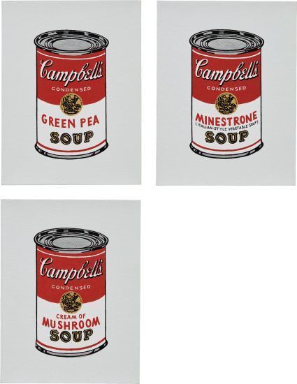 Richard Pettibone - Green Pea; Minestrone; and Cream of Mushroom, from Andy Warhol, '32 Cans of Campbell's Soup'