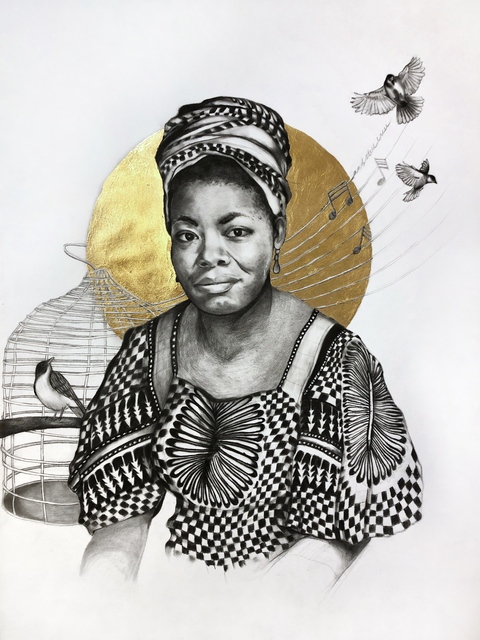Lauren Clayton, ‘Ms. Angelou’, 2019, Drawing, Collage or other Work on Paper, Graphite, charcoal, and gold leaf on paper, SHIM Art Network