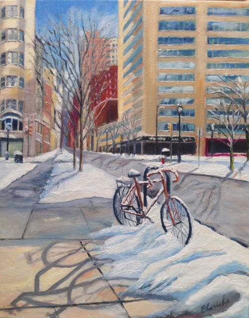 Bhavisha Patel, ‘Bicycles in Snow, Walnut Street’, 2017, Painting, Oil on canvas, InLiquid