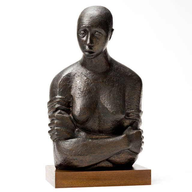 Elizabeth Catlett, ‘Pensive’, 1946, Sculpture, Cast bronze, with a dark brown patina, mounted on a wooden base, Swann Auction Galleries