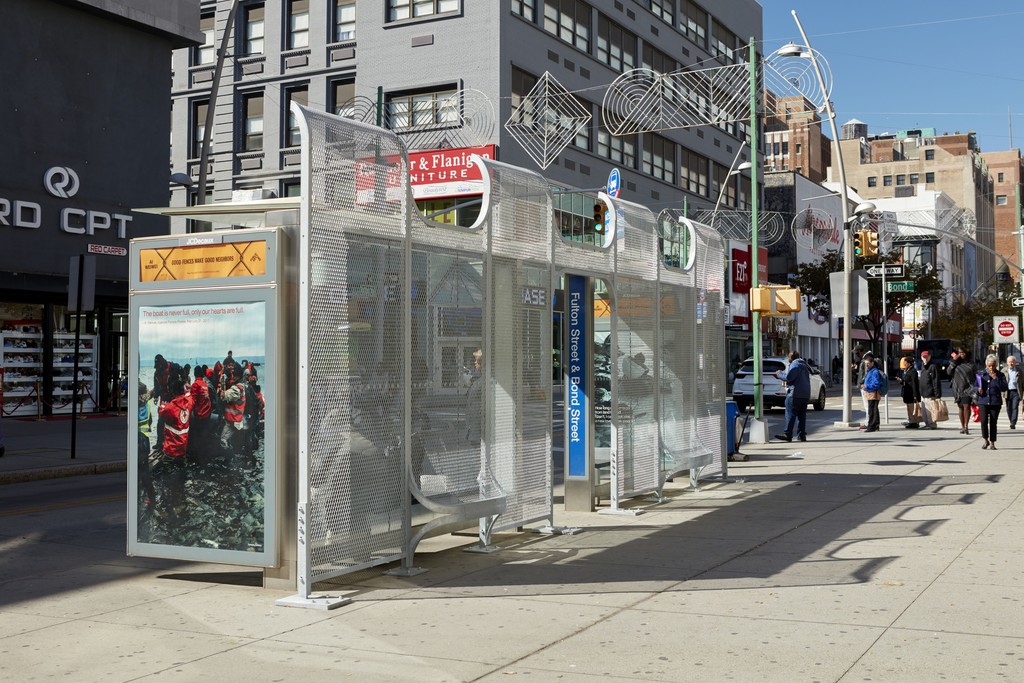 Ai Weiwei Brooklyn Shelter 4, 2017; Good Neighbors 17, 2017; Good Neighbors 12, 2017 Galvanized mild steel; Digital print Courtesy of the artist Photo: Jason Wyche, Courtesy Public Art Fund, NY On view as part of the citywide exhibition Good Fences Make Good Neighbors, presented by Public Art Fund October 12, 2017-February 11, 2018 Ai Weiwei Brooklyn Shelter 4, 2017; Good Neighbors 17, 2017; Good Neighbors 12, 2017 Galvanized mild steel; Digital print Courtesy of the artist Photo: Jason Wyche, Courtesy Public Art Fund, NY On view as part of the citywide exhibition Good Fences Make Good Neighbors, presented by Public Art Fund October 12, 2017-February 11, 2018