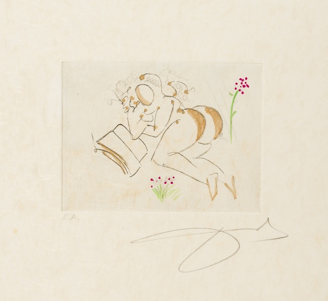 Salvador Dalí, ‘Vignettes, from 'Petits nus d'Apollinaire' (Field 72-4; M&L 202)’, 1967, Print, Etching with hand-colouring in gold, green and red, Forum Auctions