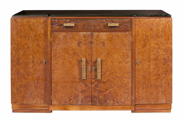 ‘Art Deco Marble Top Burlwood Cabinet’, 1940s, Design/Decorative Art, With foliate carved frieze drawer over pair of doors all flanked by pair of doors, on plinth base., Doyle