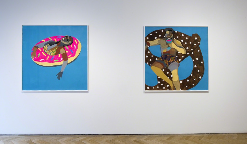 Derrick Adams, Floater No. 30 (pink doughnut), 2016 and Floater No. 24 (pretzel), 2016 Derrick Adams, Floater No. 30 (pink doughnut), 2016 and Floater No. 24 (pretzel), 2016