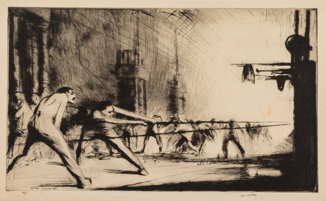 James McBey, ‘A Group of Seven Works: California, 1941, First Sight of Jerusalem, France at the Furnaces, 1917, Hermon: Cavalry Moving on Damascus, Palos: Departure of Columbus, Regatta on the Grand Canal, and Sottoportico, Venice’, Print, Etchings and drypoints, Hindman